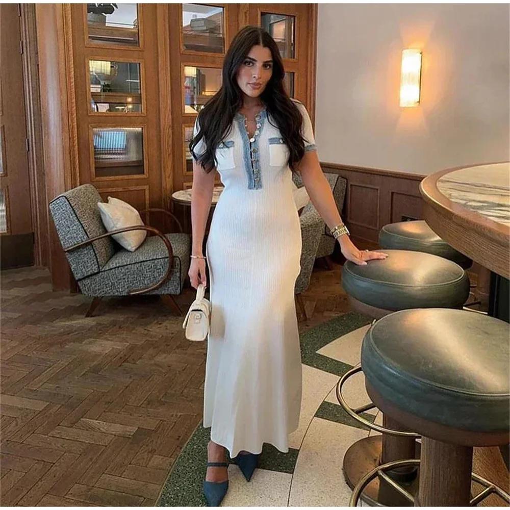 Robe longue élégante en maille contrastante pour femme, chic, col rond, manches courtes, boutons mét
