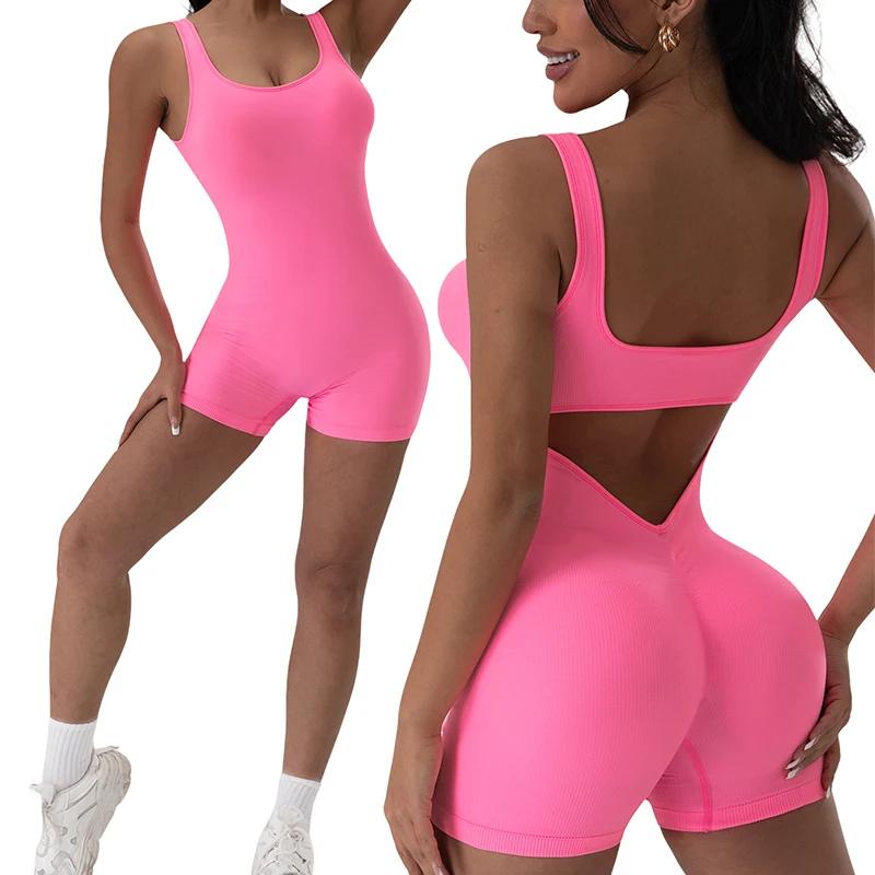 Combinaison de Yoga dos nu, 1 pièce, col en U, sans manches, combinaison de sport, couleur unie, fil