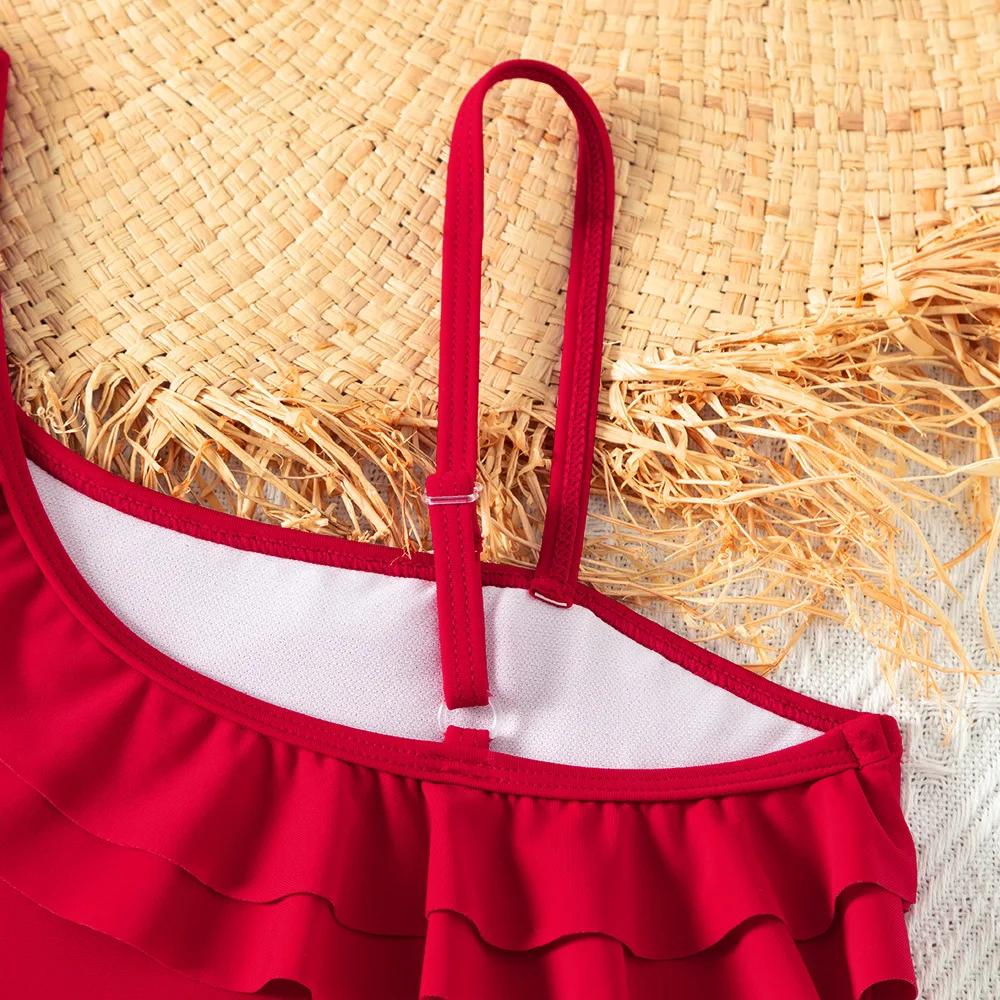 Maillot de bain une pièce rouge rétro à volants pour adolescentes 5-14 ans - Vêtement plage été