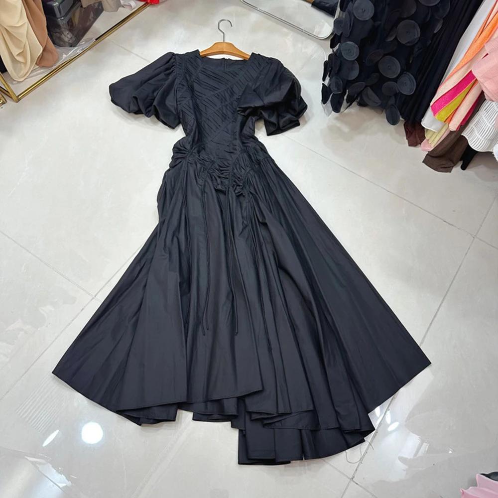 TWOTWINSTYLE tempérament robes solides pour les femmes col rond manches à bulles taille haute décont