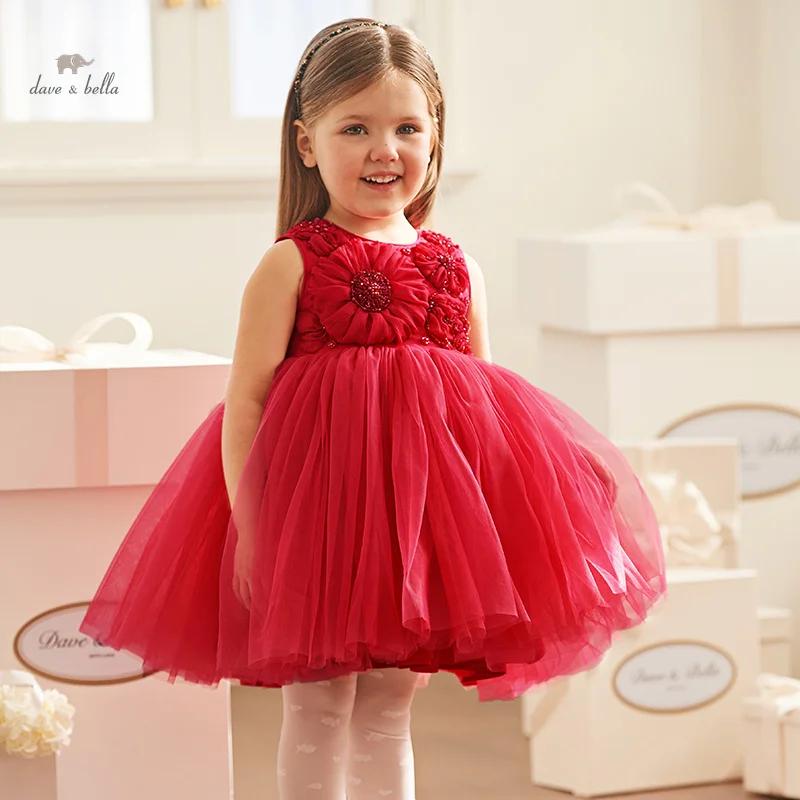 Dave Bella robe de princesse fille 2025 nouvel été enfants bébé sans manches maille rouge Noble mign