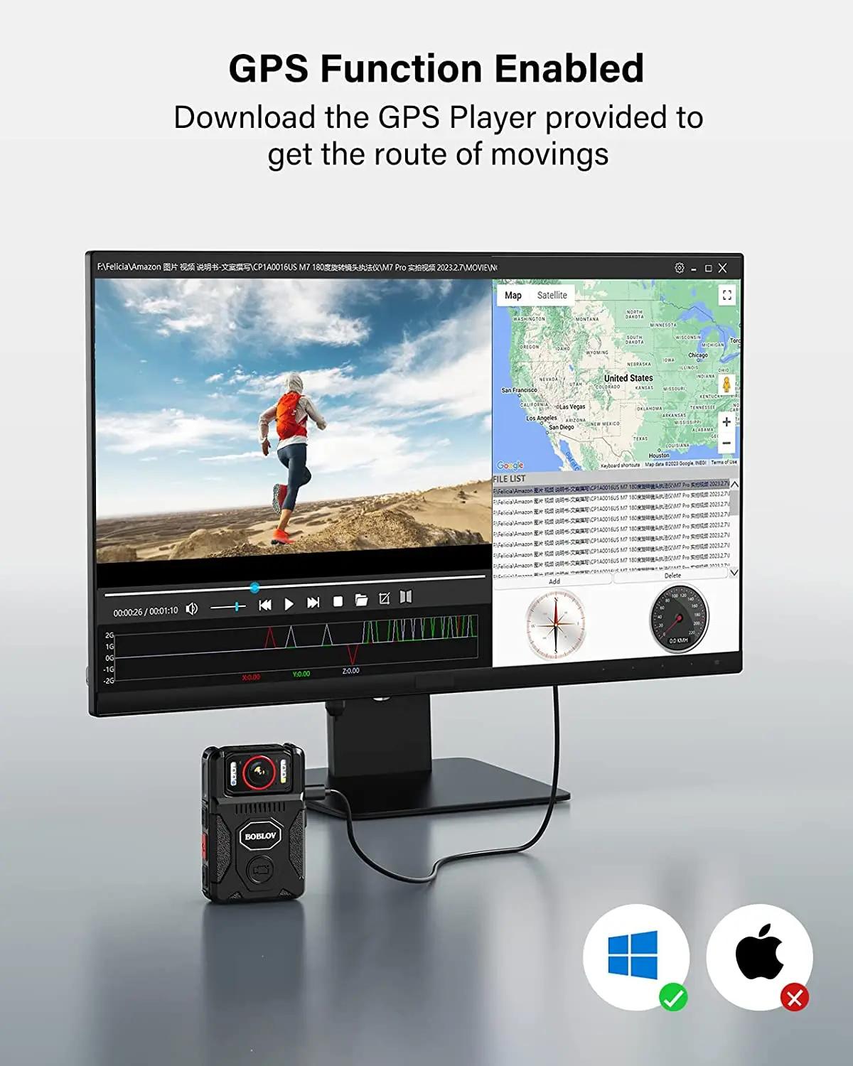 BOCombination-V M7 Pro Caméra montée sur le corps, Enregistreur vidéo, Rotation à 128 °, Caméra 4K,