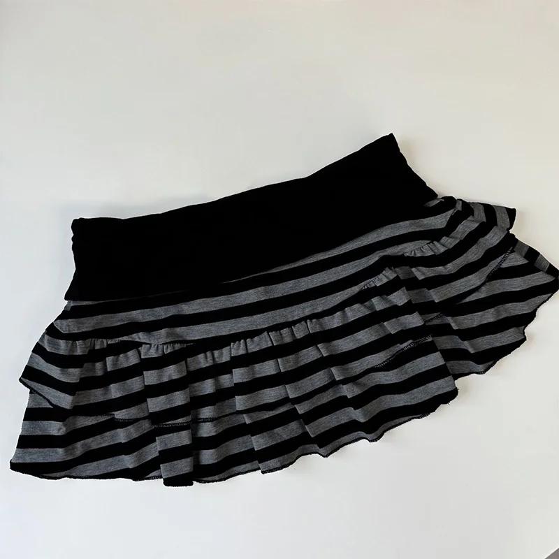Mini jupe à volants rayée noire et grise, vêtements pour femmes Y2K Grunge, taille haute, taille éla
