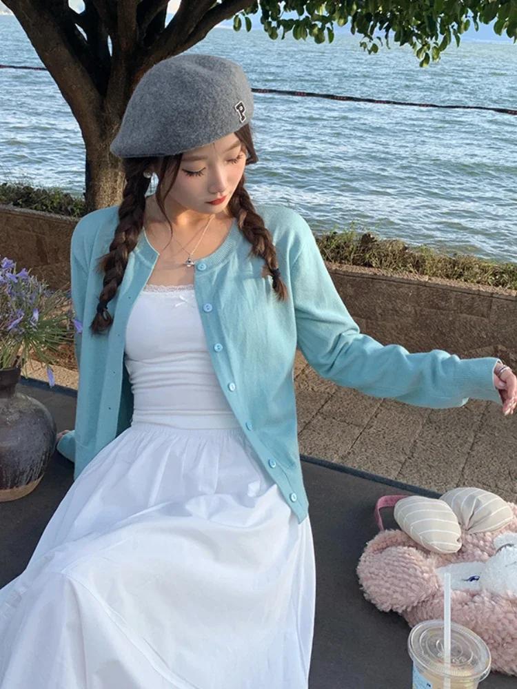 Cardigan à manches longues et col rond pour femme, tricot boutonné, simple boutonnage, printemps-aut