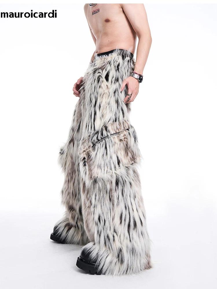 Mauroicardi automne hiver longue coloré épais chaud poilu moelleux fausse fourrure pantalon à jambes