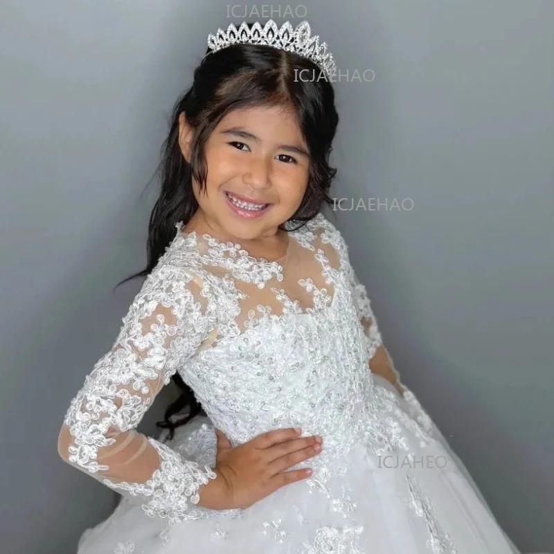 Robe de soirée blanche pour enfants 2026, style tutu à traîne, manches longues, pour spectacle, anni