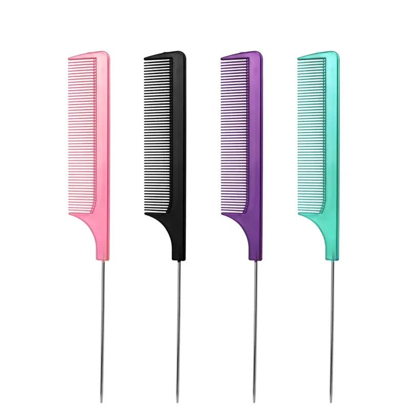 Peigne à queue pointue en acier de couleur unie, peigne de style résistant à la chaleur, antistatiqu