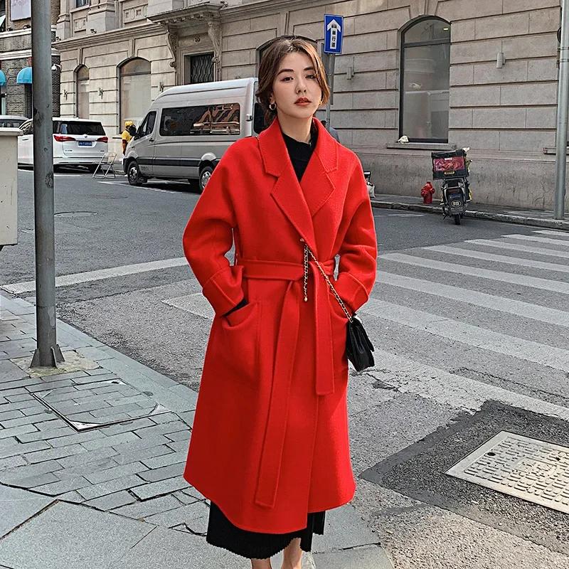 Manteau long en laine véritable 100% à col rabattu, à ceinture, à ouverture sur le devant, en tissu