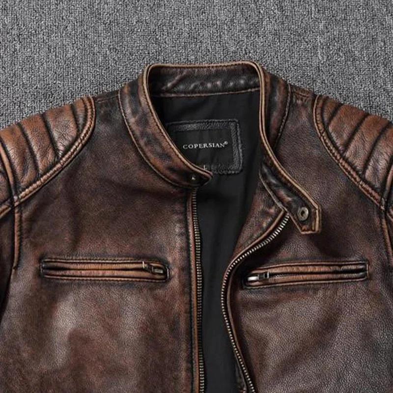 Vintage noir marron véritable peau de vache veste en cuir véritable fourrure hommes veste en cuir Bo