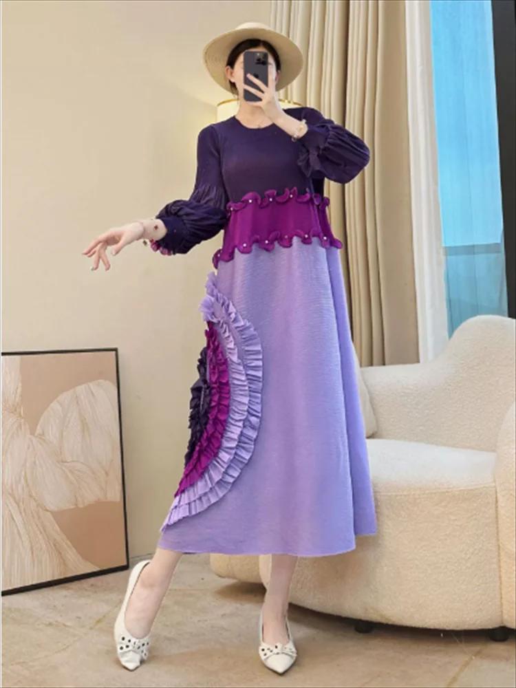 Miyake cravate fleur conception femmes robe plissée col rond à manches longues Colorblock Patchwork