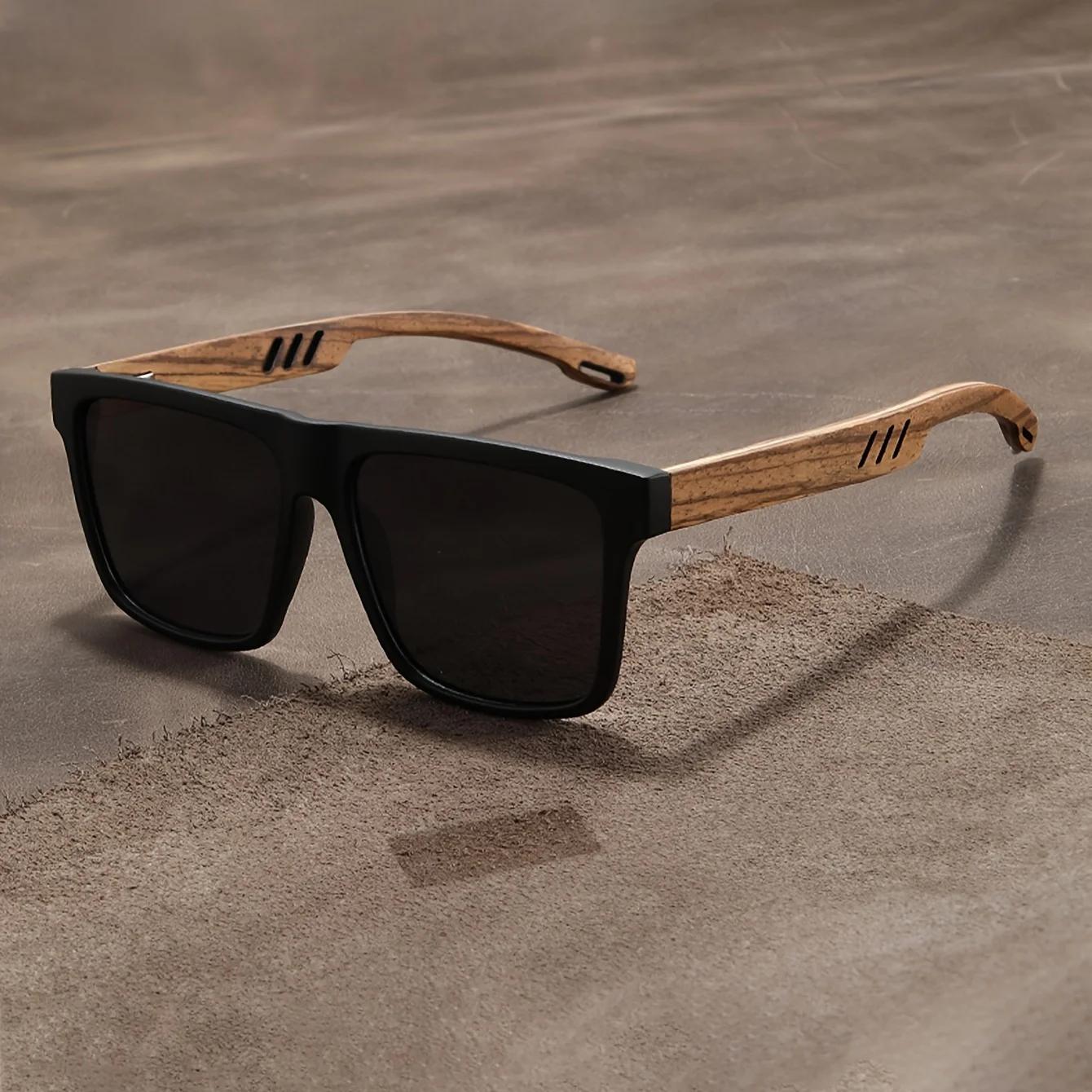 Lunettes de soleil carrées décontractées, Grain de bois, charnières à ressort, Protection UV400, uni