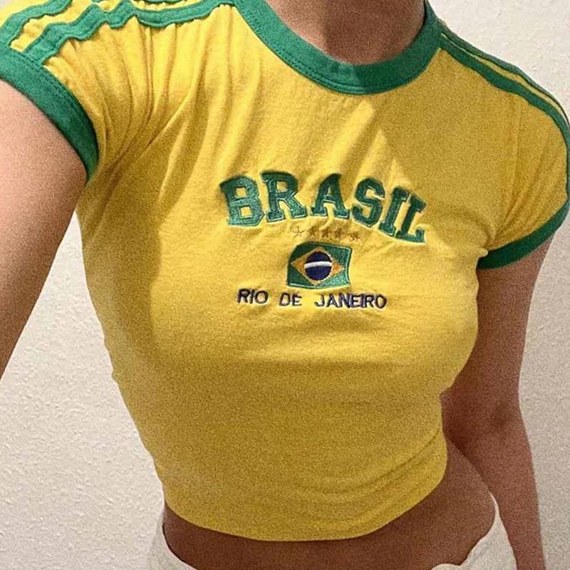 Costume T-Shirt et Short imprimé lettres brésiliennes pour femmes, t-shirts Vintage Grunge à manches