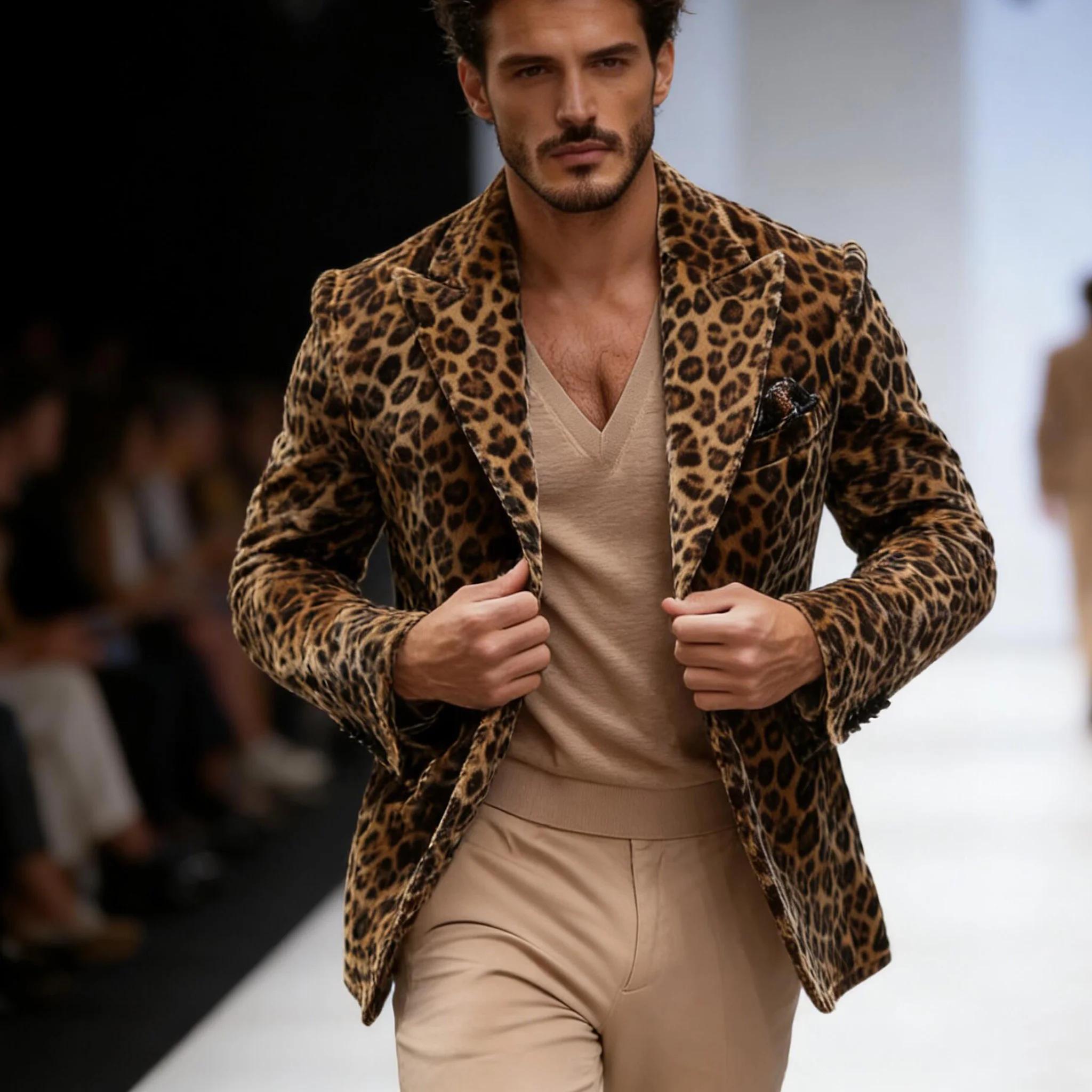 Blazer léopard de luxe pour homme, coupe ajustée, revers pointus, simple boutonnage, veste 1 pièce,