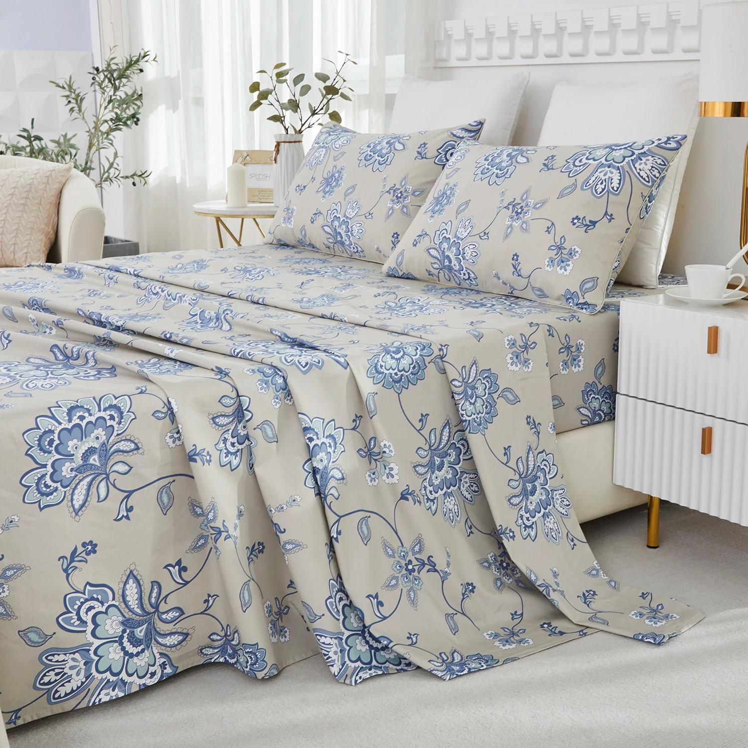 Ensemble de draps en coton égyptien 100% 600TC, 4 pièces, motif Paisley damassé bleu Boho, doux pour