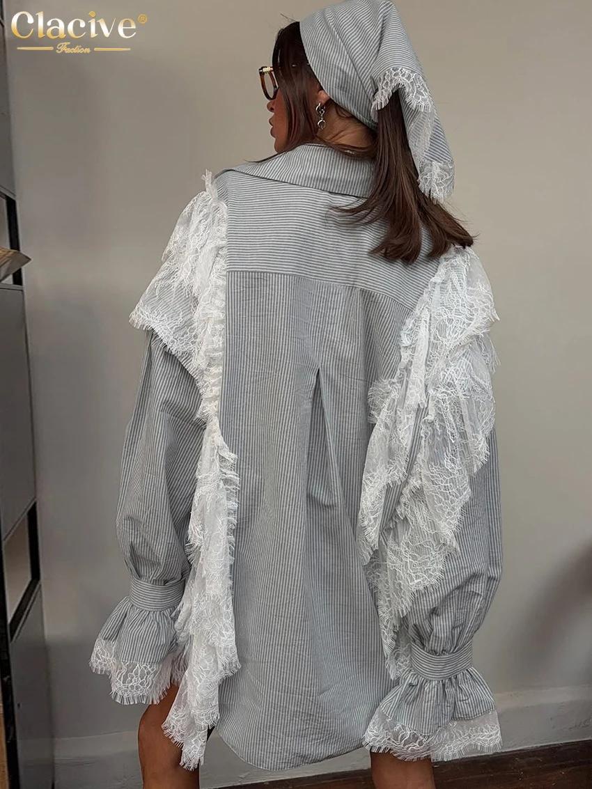 Clacive mode ample gris rayure dentelle épissé femmes deux pièces ensemble élégant à manches longues