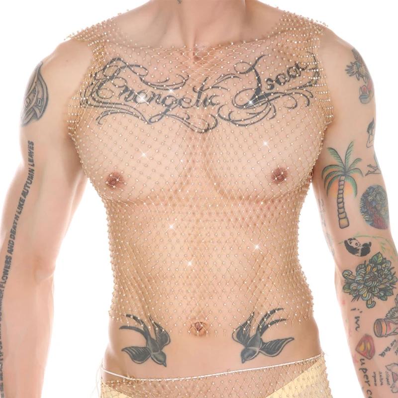Débardeur fitness homme transparent résille strass sexy haut musculaire sans manches sport