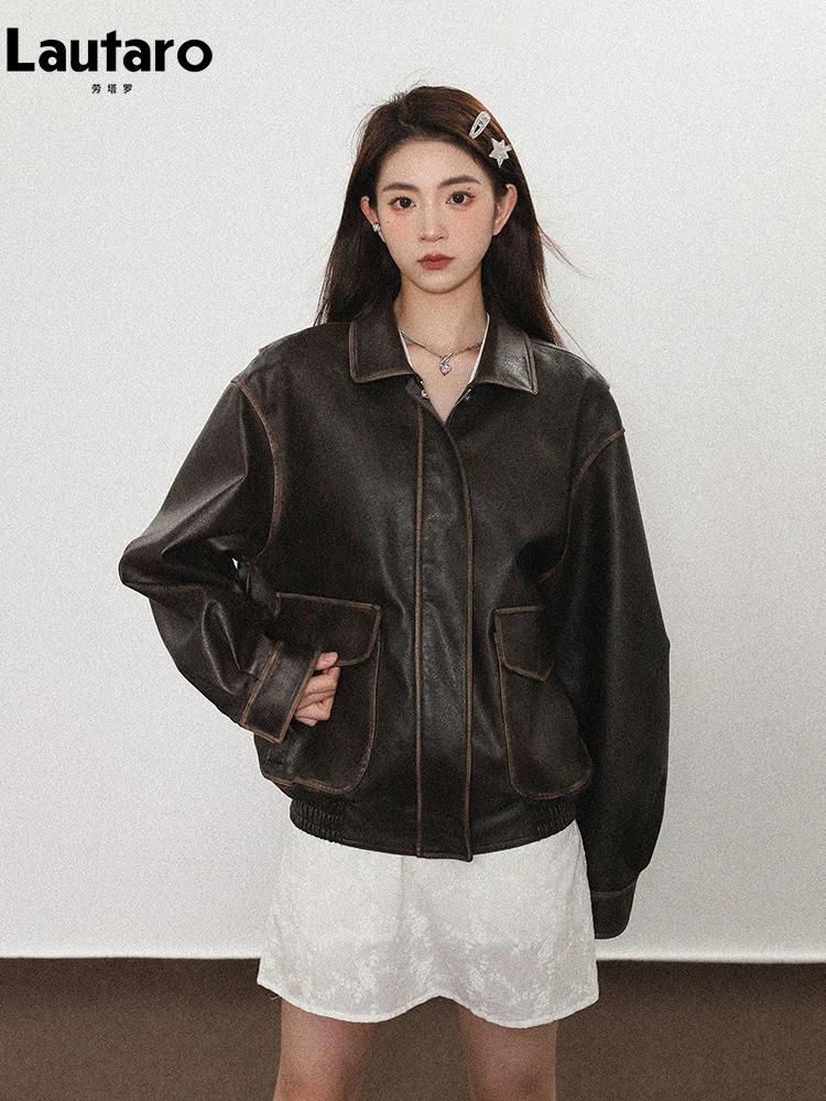 Lautaro printemps automne Cool beau doux Vintage en détresse marron Pu veste en cuir femmes à manche