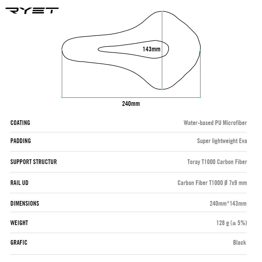 Selle vélo carbone RYET ultra léger cuir - Siège route VTT racing ovale rail 7x9 coussin doux