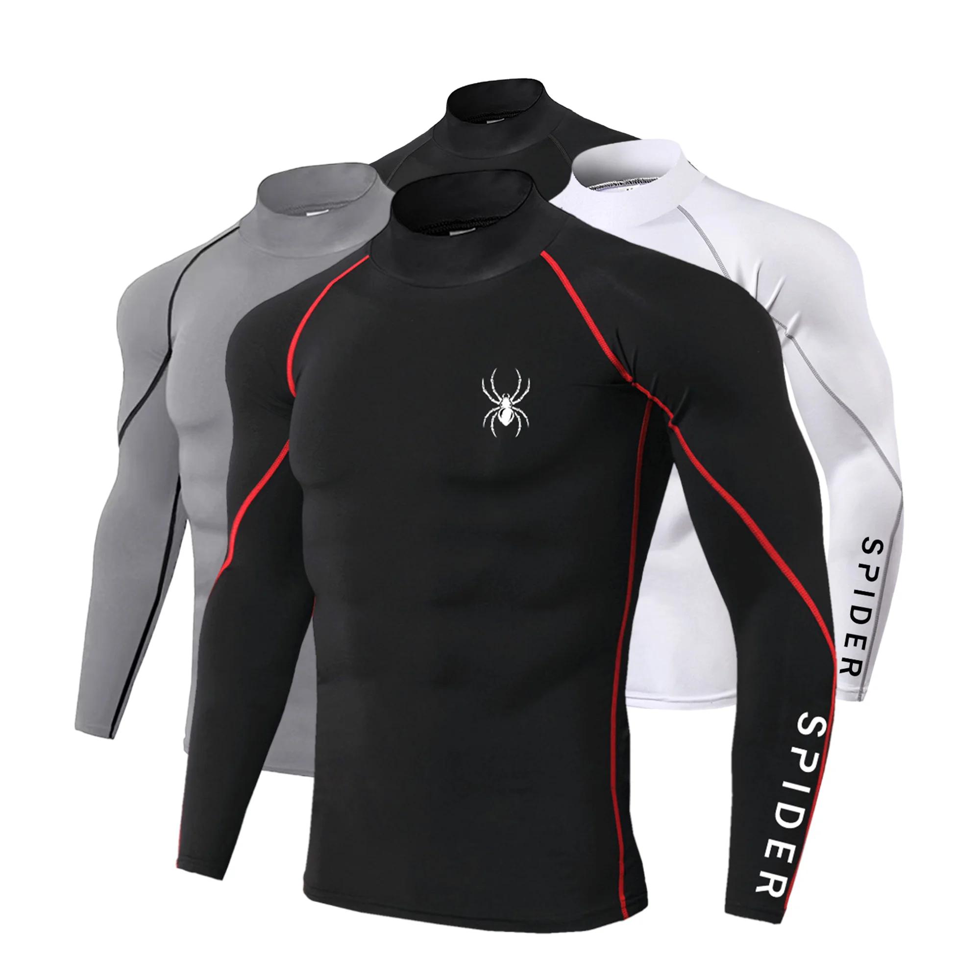 T-shirts de course à manches longues pour hommes, chemises de Sport à Compression, impression araign