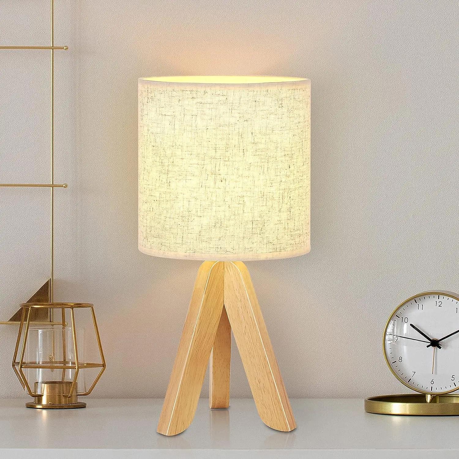 Lampe de Table en Bois et Lin pour Chambre à Coucher, Abat-Jour de oral et