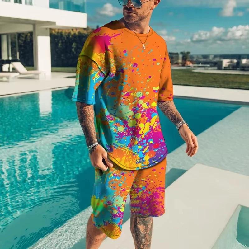 Vêtements de sport pour hommes à la mode été plage à manches courtes chemise imprimée en 3D ensemble