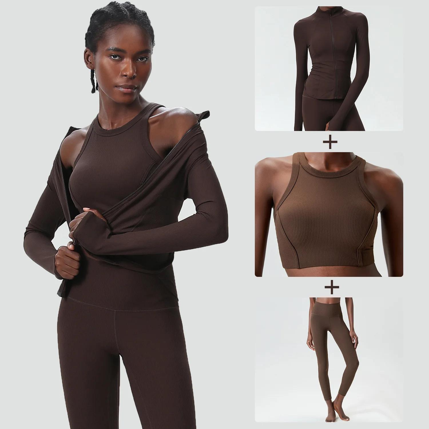 Ensemble yoga 3 pièces femme couleur unie côtelé - Combinaison manches longues respirante pour gymnastique et running