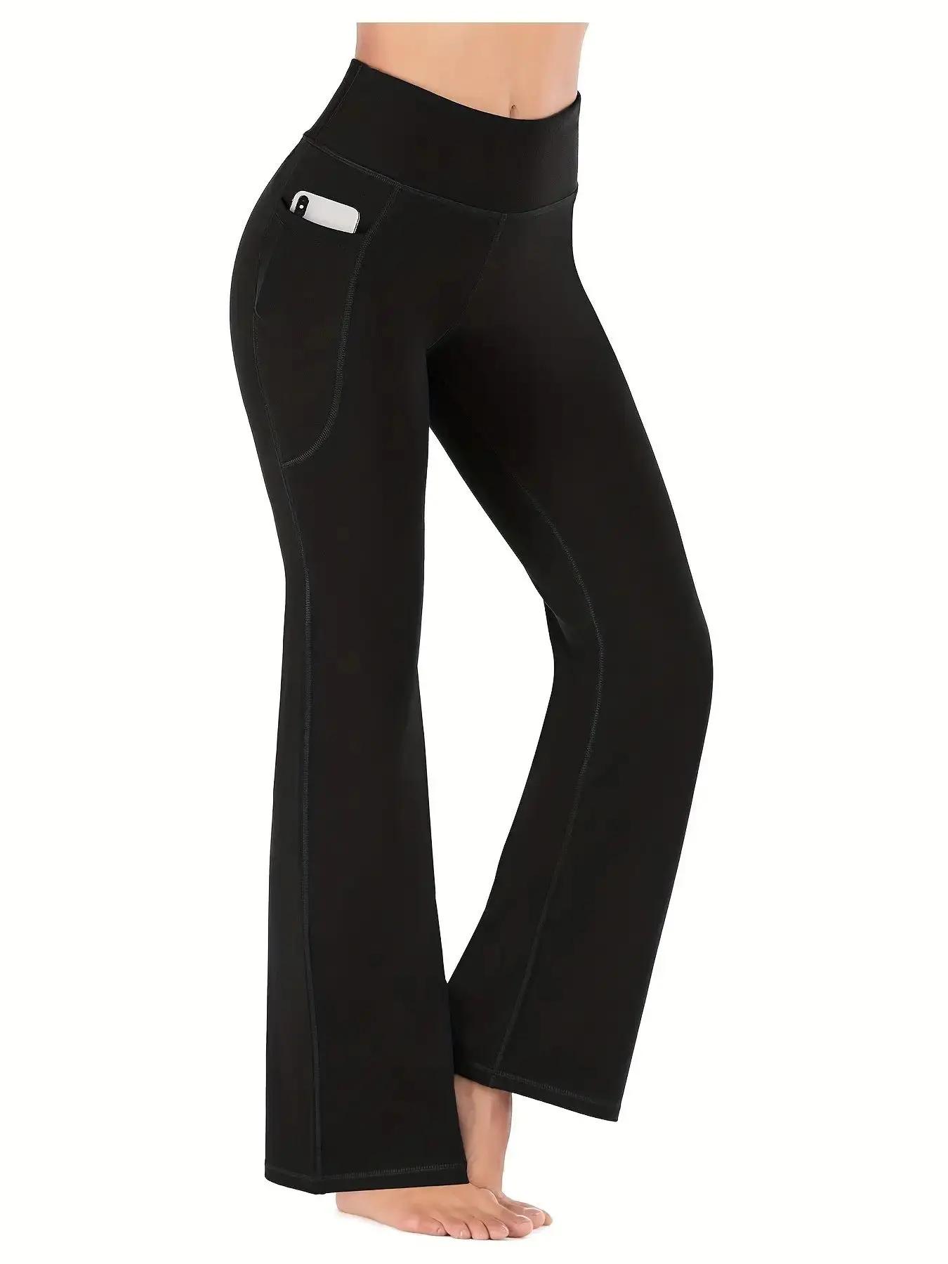 Pantalon évasé avec poches pour femmes - Yoga à jambes évasées et taille haute ventre plat