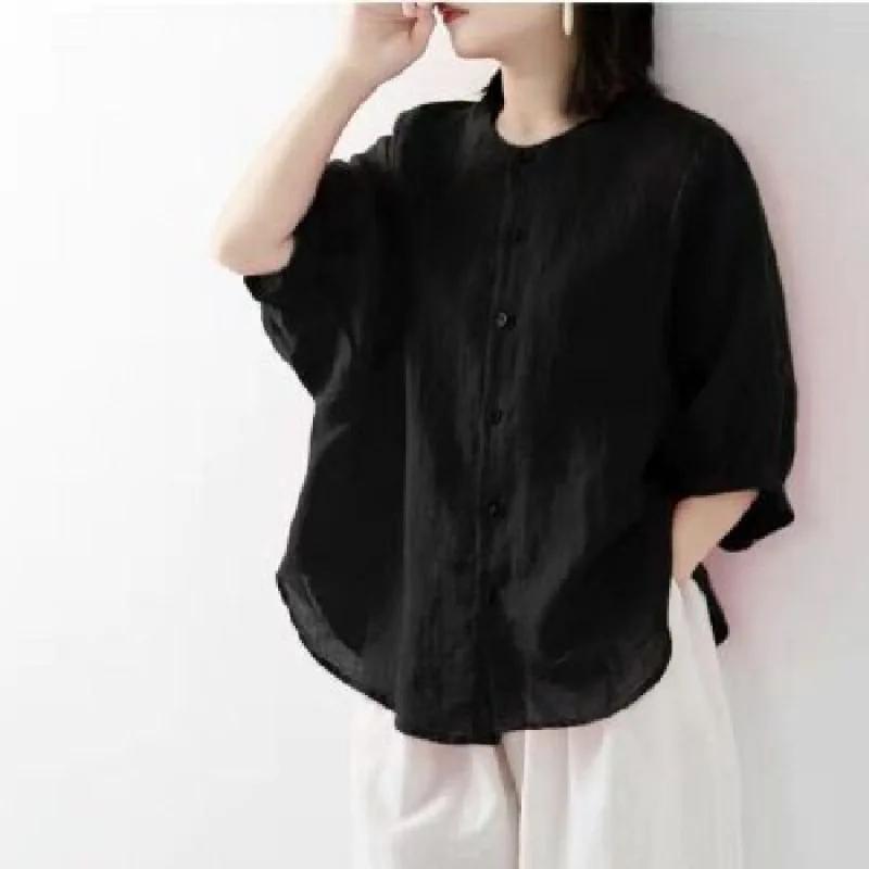 Chemise en coton et lin pour femmes, haut fin, couleur unie, manches lanternes, col montant, ample,
