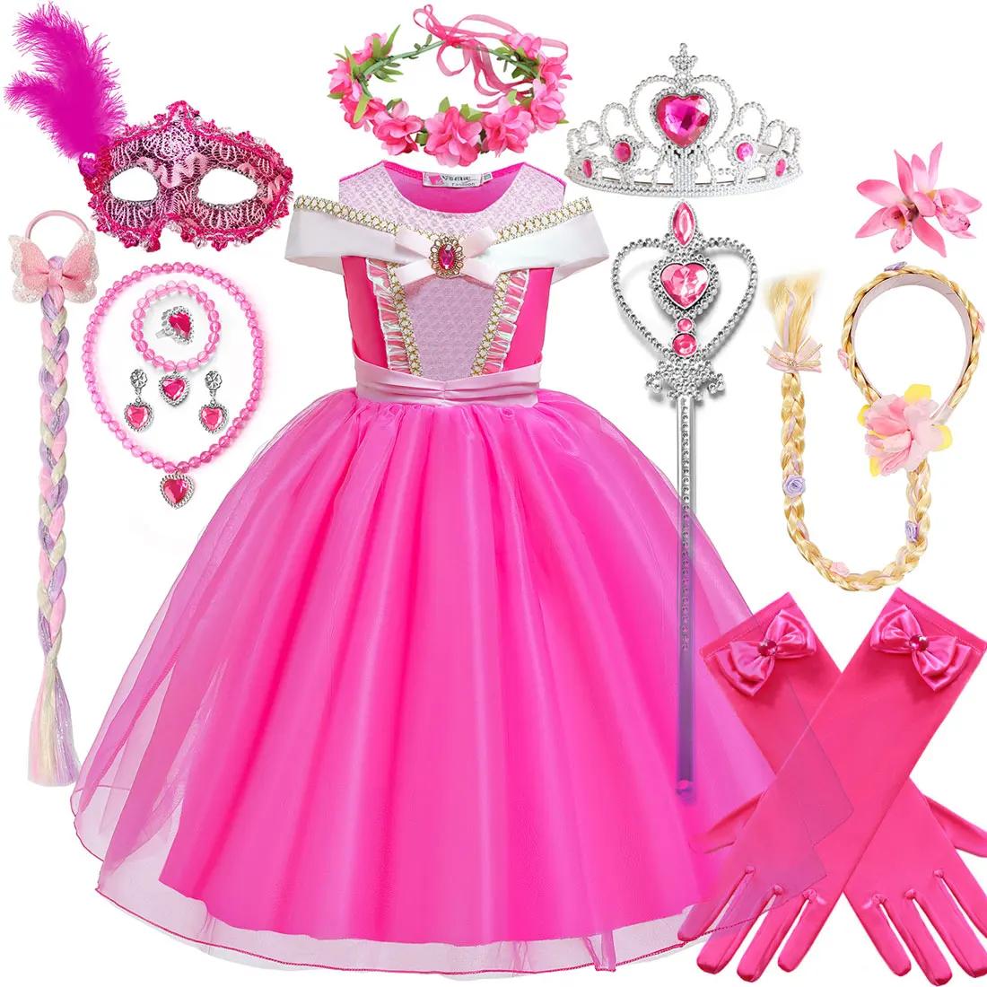 Robe de princesse rose aurore à manches courtes pour filles, été 2026, pour fête d'anniversaire, rob