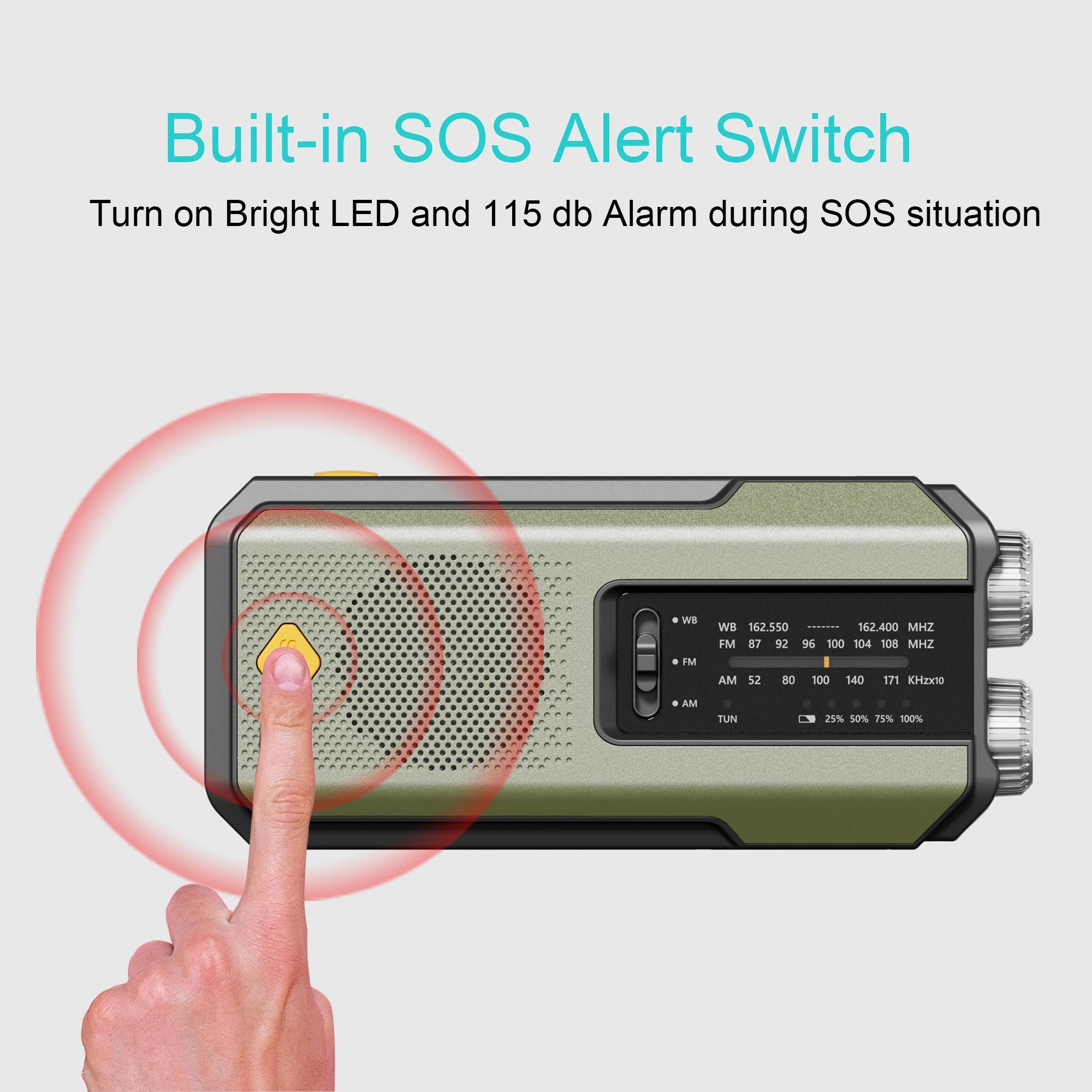 Radio météo d'urgence NOAA, radio portable à manivelle, alimentation solaire, AM/FM, alarme SOS, lam