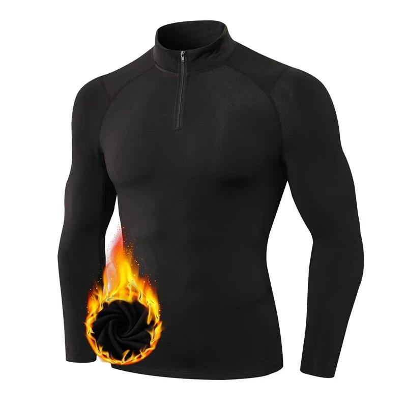 Chemises de compression thermique à fermeture éclair pour hommes, couche de base athlétique doublée