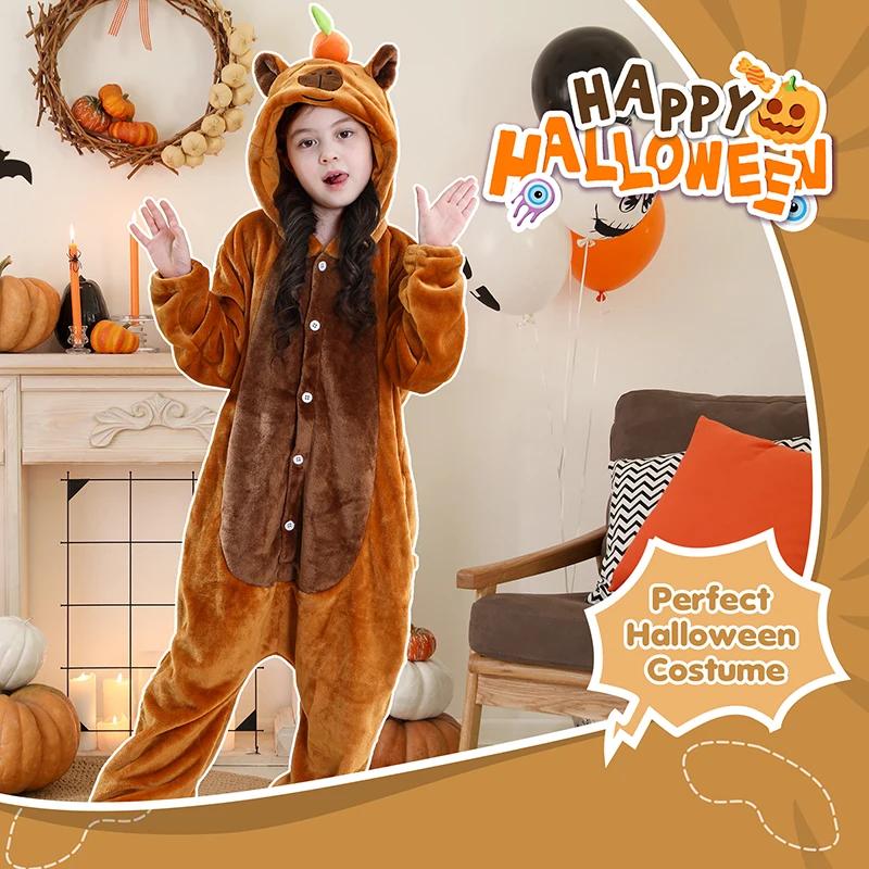 MICHLEY Carnaval Capybara Flannel Blanket Sleepers Onesie Hooded Children Costume Clothes Jumpsuit S