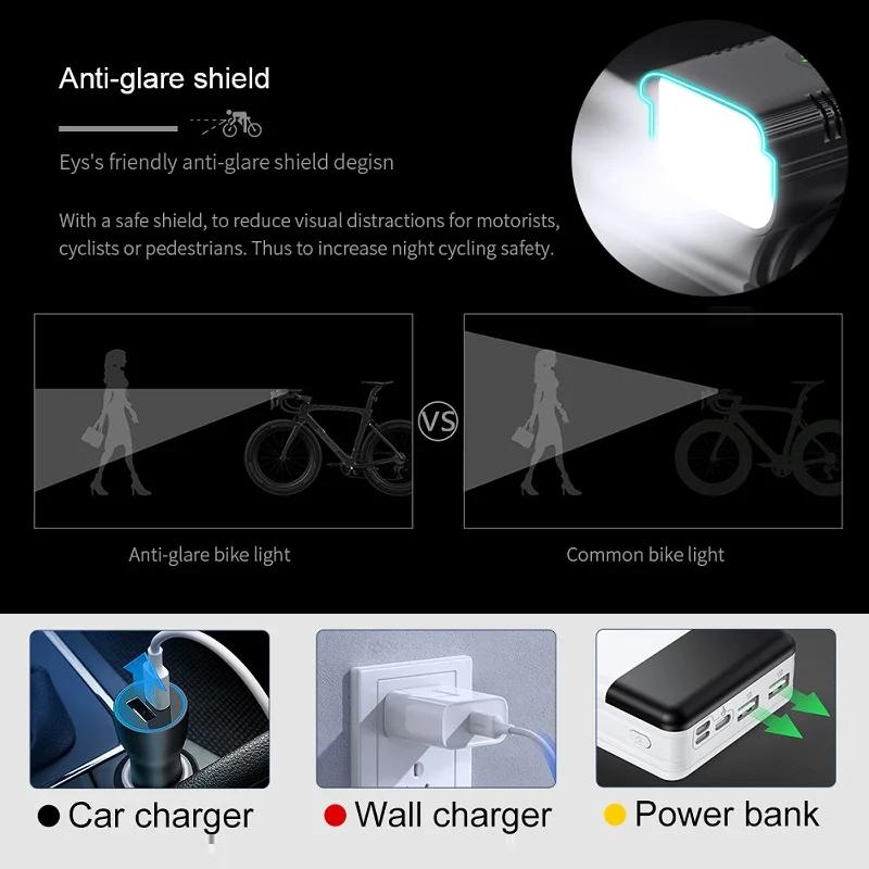 Mise à niveau du phare de vélo puissant 8-6 LED, 10000mAh, Rechargeable par USB, comme batterie exte