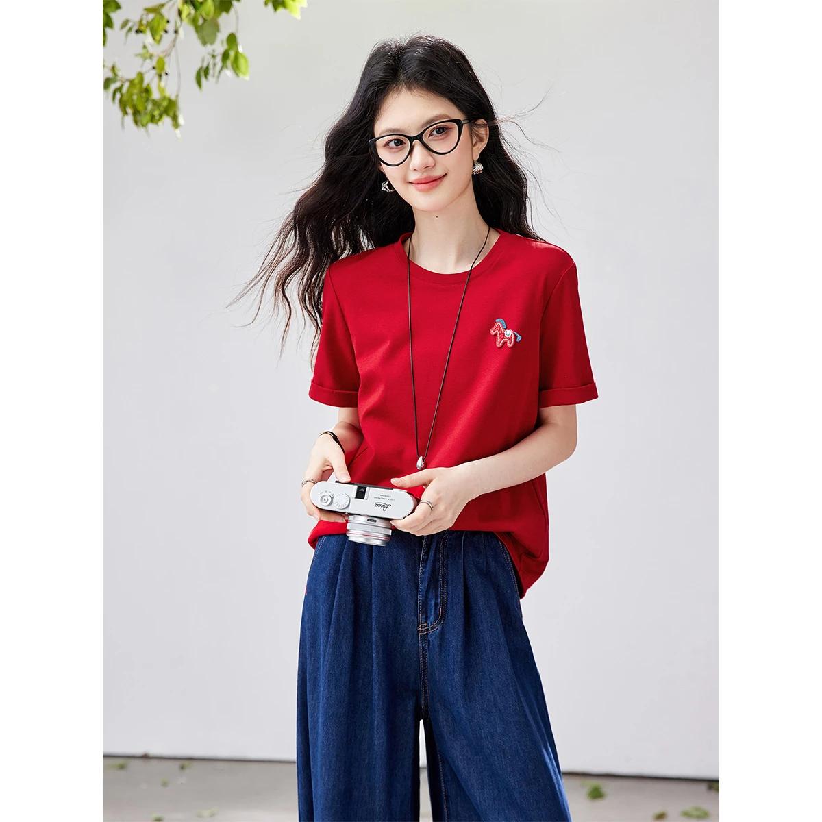 T-shirt décontracté polyvalent rouge pour femme VIMLY, nouvelle collection été 2026, mode bureau, br