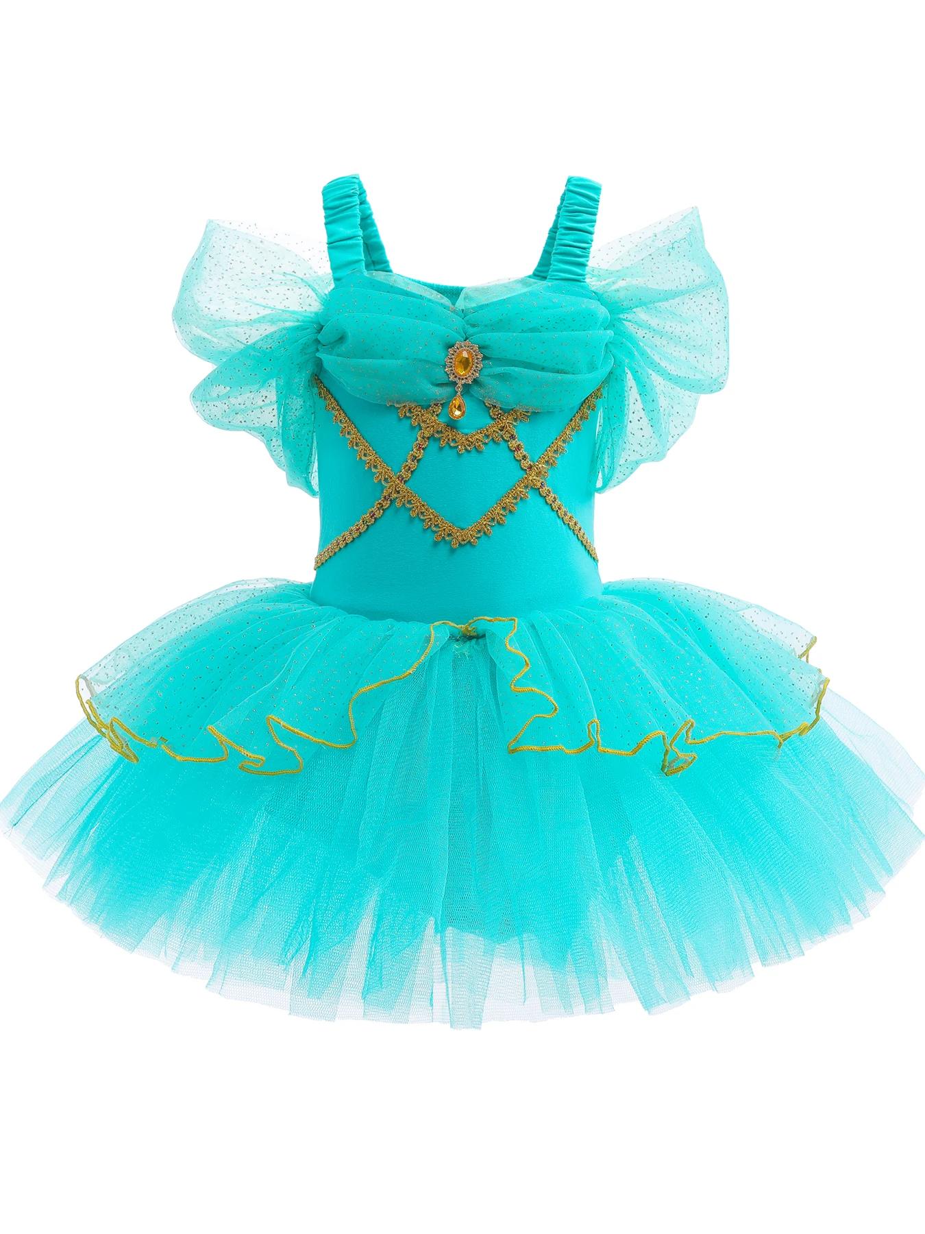 Robe de danse de Ballet pour filles, princesse Jasmine, manches à volants, jupe Tutu courte, Costume