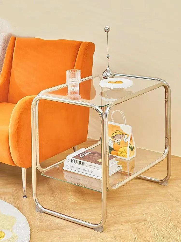 Table basse en acier inoxydable de style nordique, rangement à double couche, table d'angle, petit c