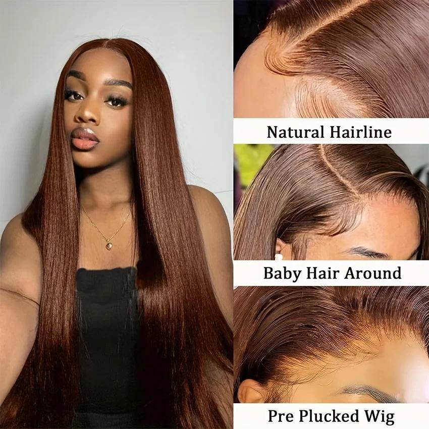 Perruque en cheveux humains brun chocolat, lisse, avec dentelle frontale 13x4 HD, sans colle, pour f