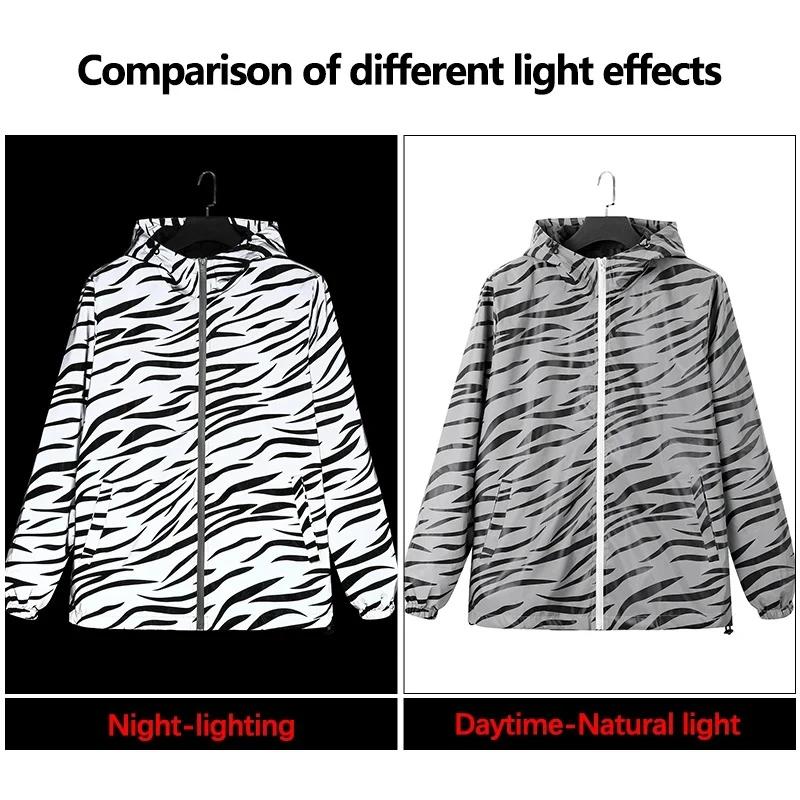 Vestes réfléchissantes imprimées zèbre pour hommes, Hip Hop, à capuche, mode, coupe-vent, lumineux,