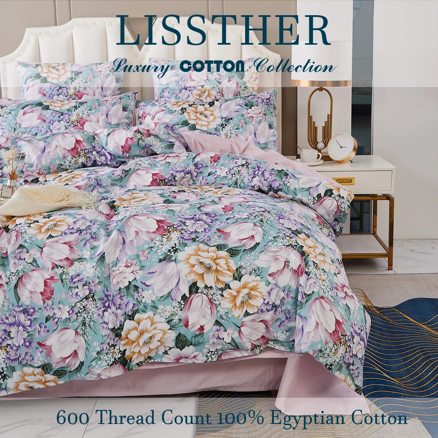 Ensemble de housse de couette 100% coton égyptien 600TC, 3 pièces, motif Floral de jardin rose paste