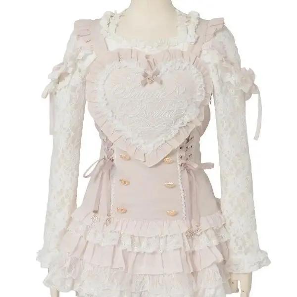 Ensemble 2 pièces japonais Y2K Lolita pour femmes, robe à bretelles en dentelle brodée de cœur + Min