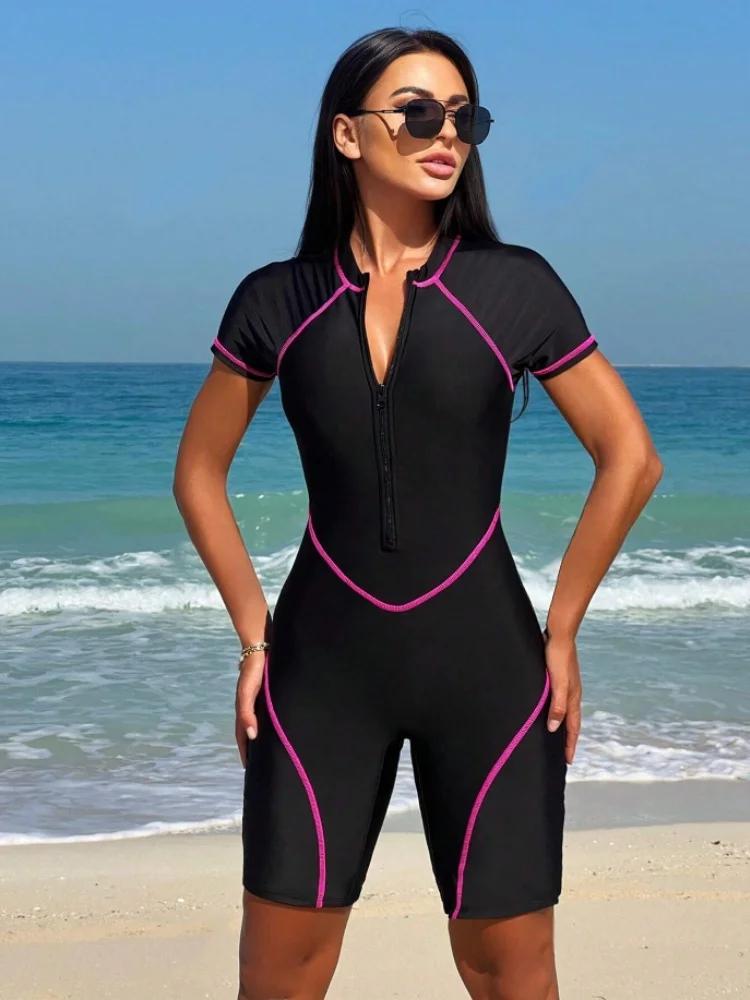 Maillot de bain une pièce pour femmes, couleur unie, manches courtes, Short, body, Sexy, serré, vête