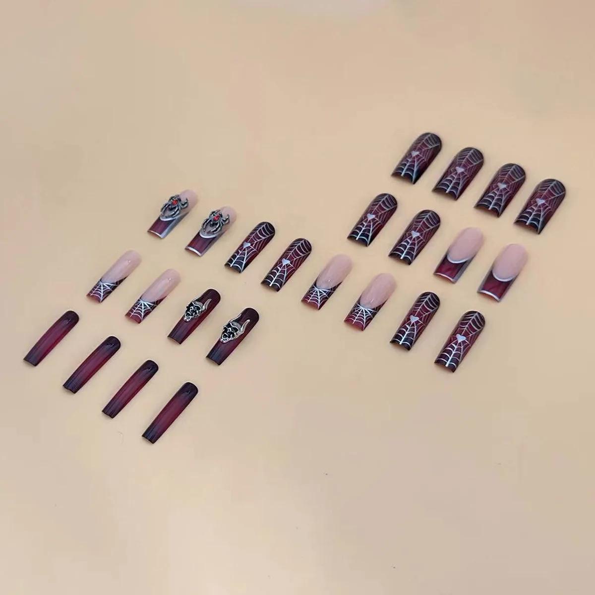 24 pièces français noir presse sur ongles Style Punk 3D araignée crâne conception faux ongles noir r