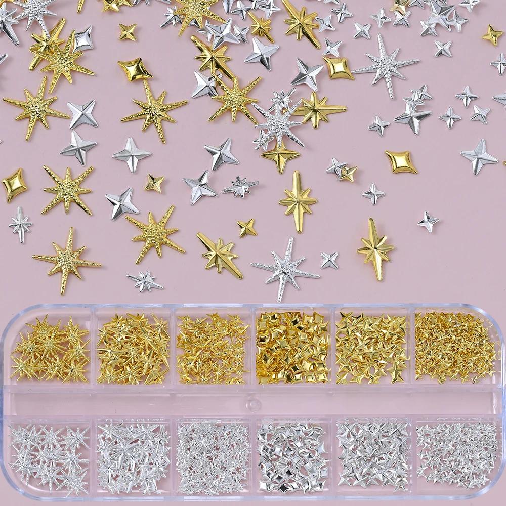 Breloques étoiles métalliques 3D pour Nail Art, 12 grilles, or/argent, Starlight, croix, Rivets, déc
