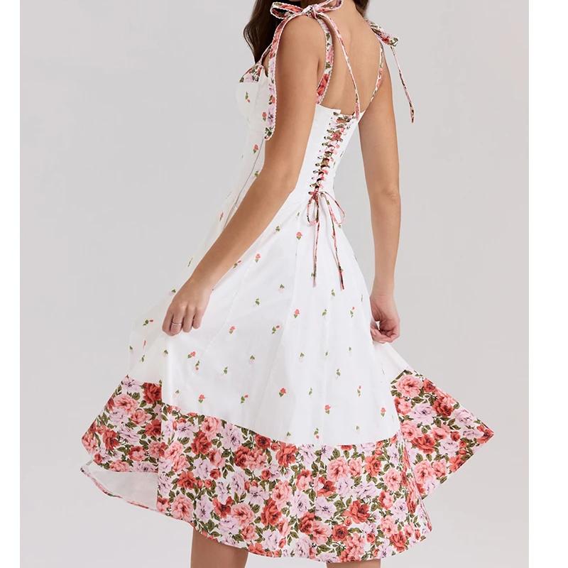 YENKYE romantique fleur imprimé Patchwork blanc fronde robe d'été femmes à lacets pansement dos a-li