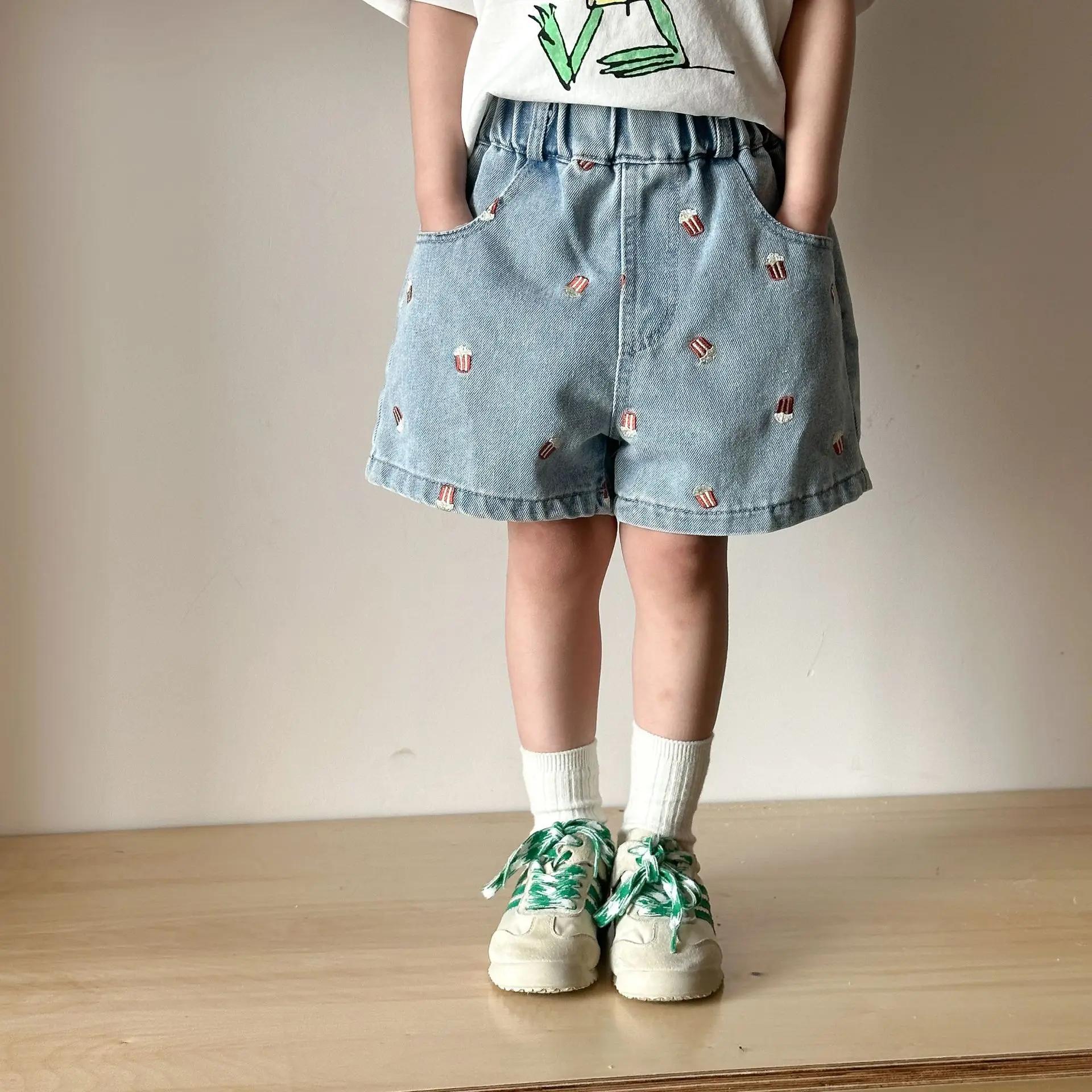 Shorts en jean d'été 2026 pour enfants (80-150 cm) – Broderie Popcorn, taille élastique, décontracté