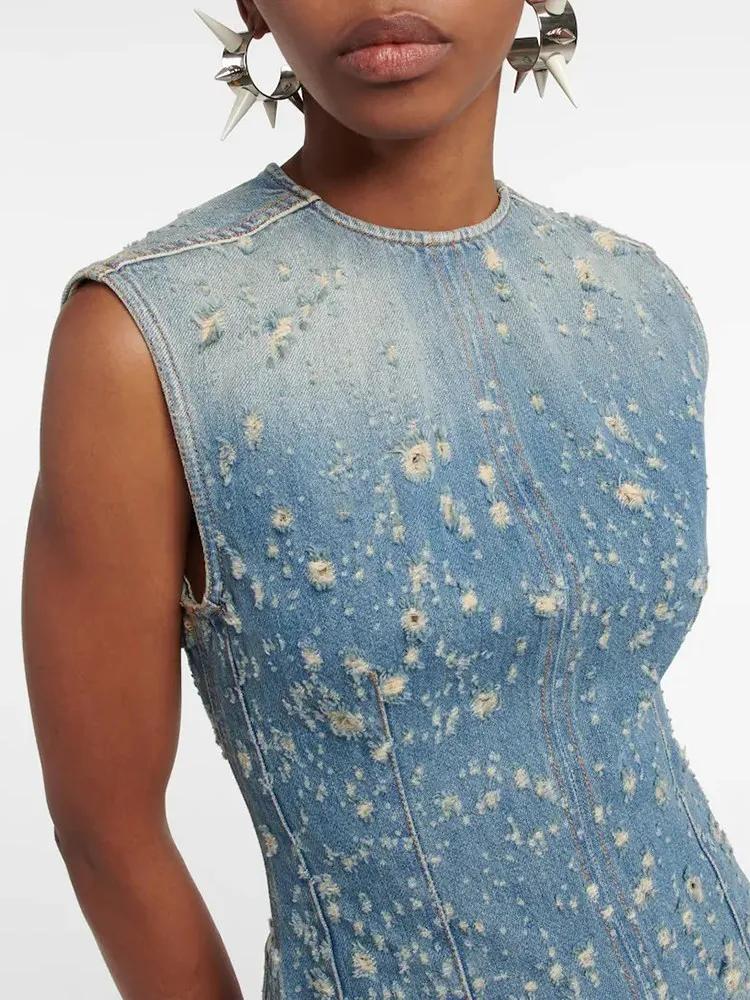 DEUX DEUX STYLE Denim évider robes pour femmes col rond sans manches tunique Patchwork poches Vintag