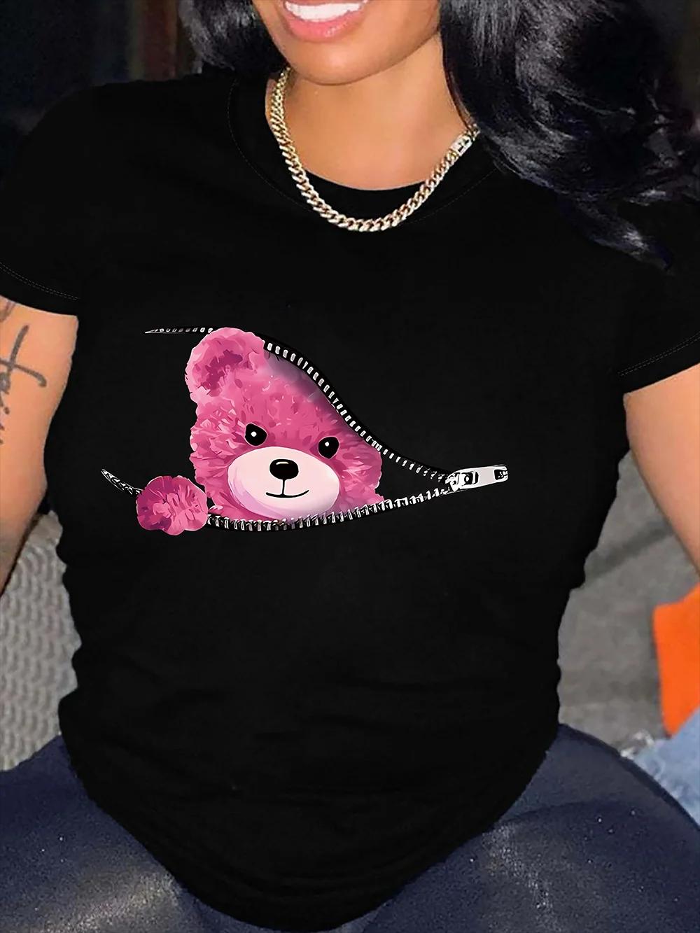 T-shirt à imprimé graphique ours en peluche, haut décontracté à col rond à manches courtes pour l'ét