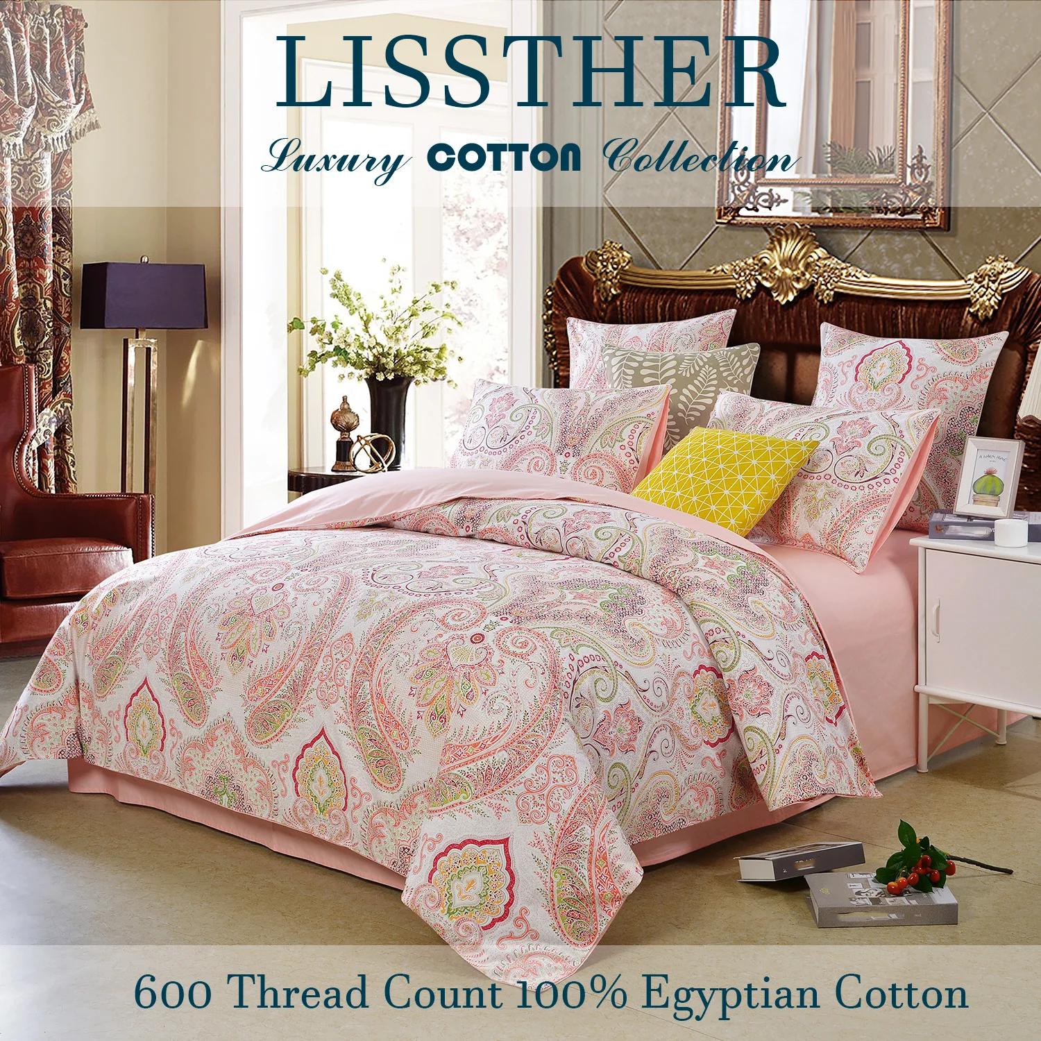 Ensemble de housse de couette 3 pièces 600TC 100% coton égyptien, imprimé Paisley rose Boho, doux et