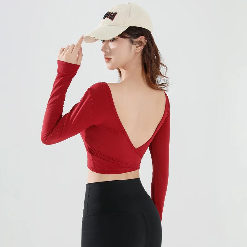 T-shirt de sport à manches longues pour femmes, Sexy, court, dos nu, coussin de poitrine fixe, serré