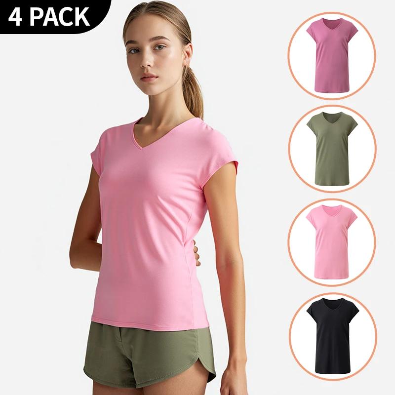 4/1 pièce été automne femmes couleur unie basique polyvalent à manches courtes T-shirt sport décontr
